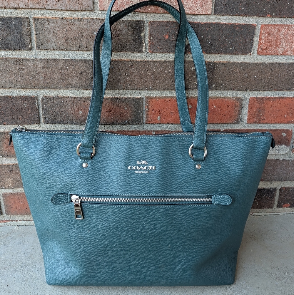 🥰EUC Coach #79608 Zip Top Teal Saffiano Leather Oversized Shoulder Tote Bag